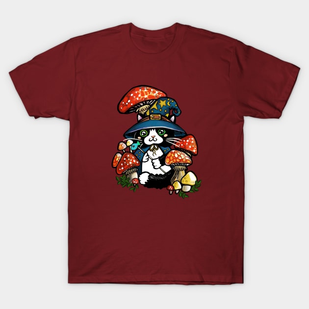 Adorable and Mystical Kitty Cat Wizard Sitting in some Mushrooms T-Shirt by ckrickett